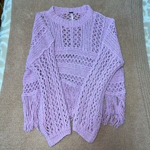 Free People Higher Love Crochet Knit Fringe Boho Sweater in Lilac Size L